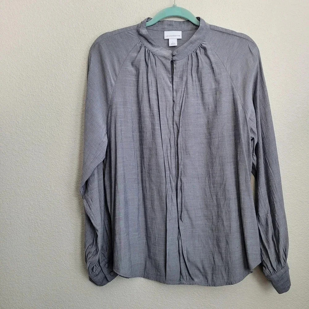 Liz Claiborne Women's Tunic Blouse Top Size L Gray Rayon Solid Long Sleeves